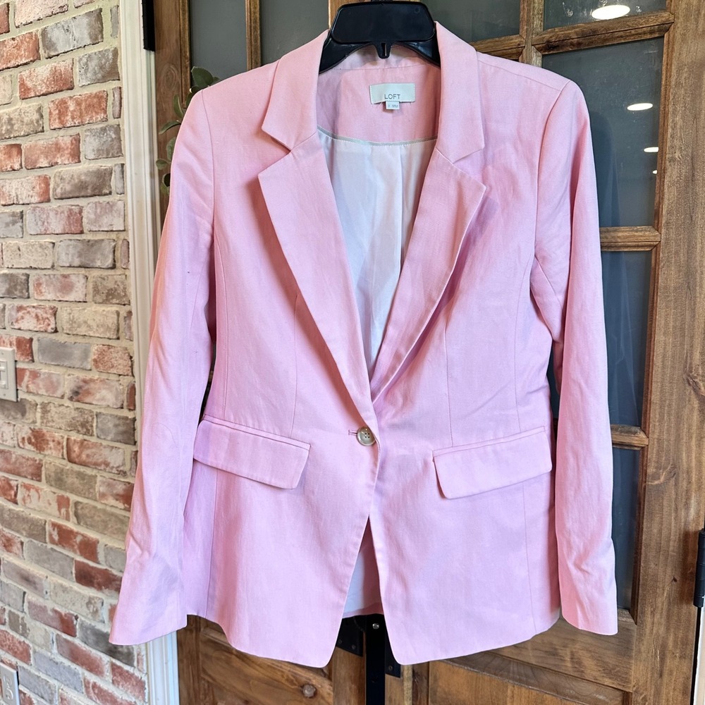 LOFT Blazer Women Size 2 Pink Single Button Linen Blend Lightweight Professional